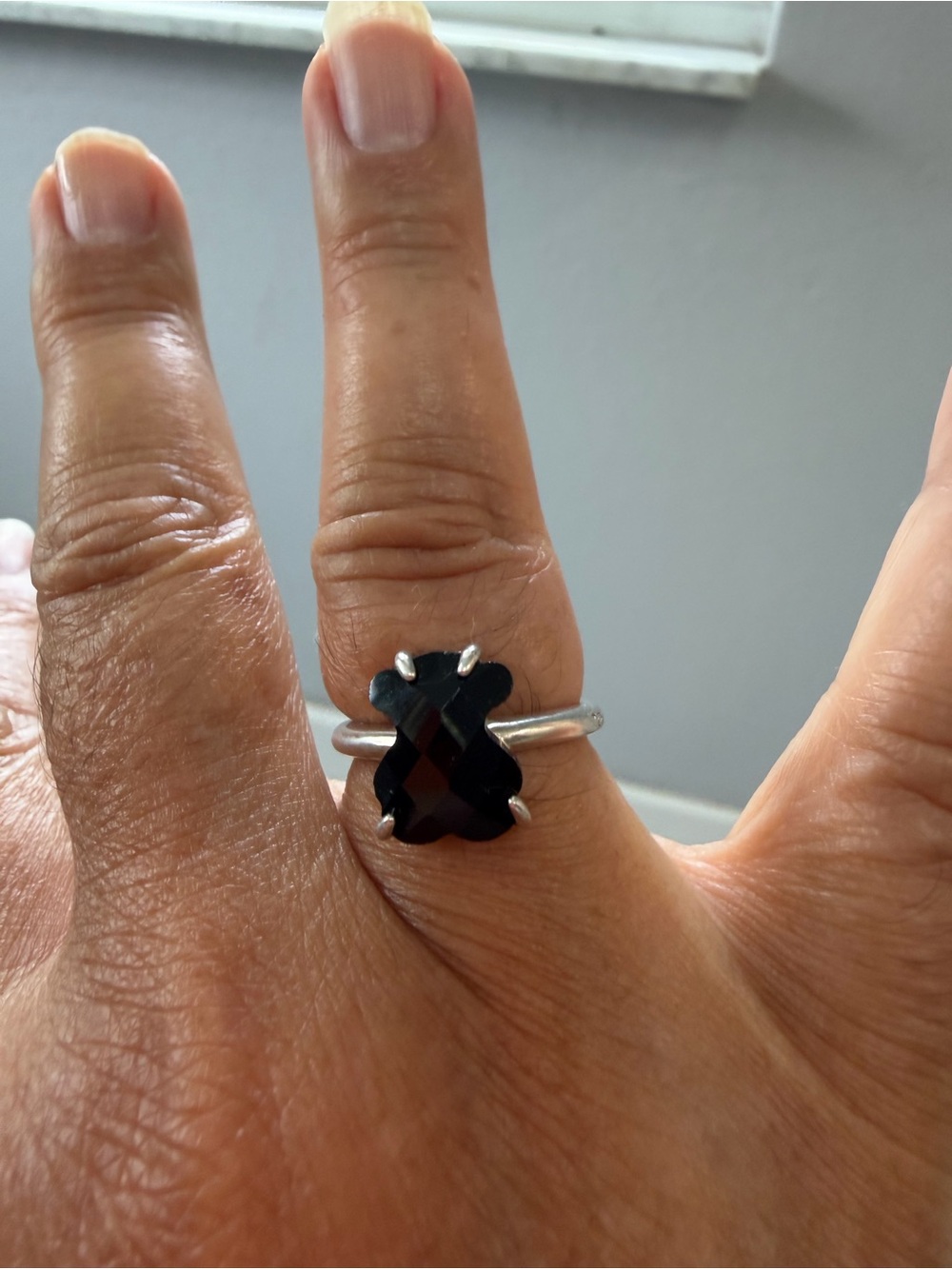 Tous Silver Ring with Black Faceted Bear Stone